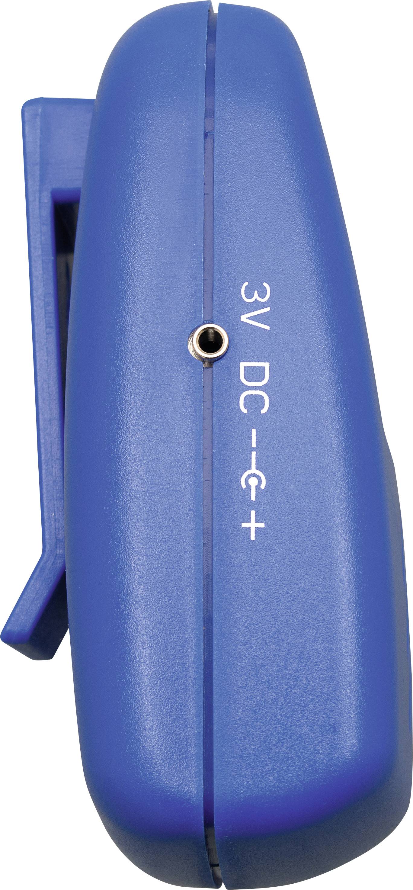 A blue device with a clip on the side, labelled '3V DC -⎓+' shows a connection for direct current.