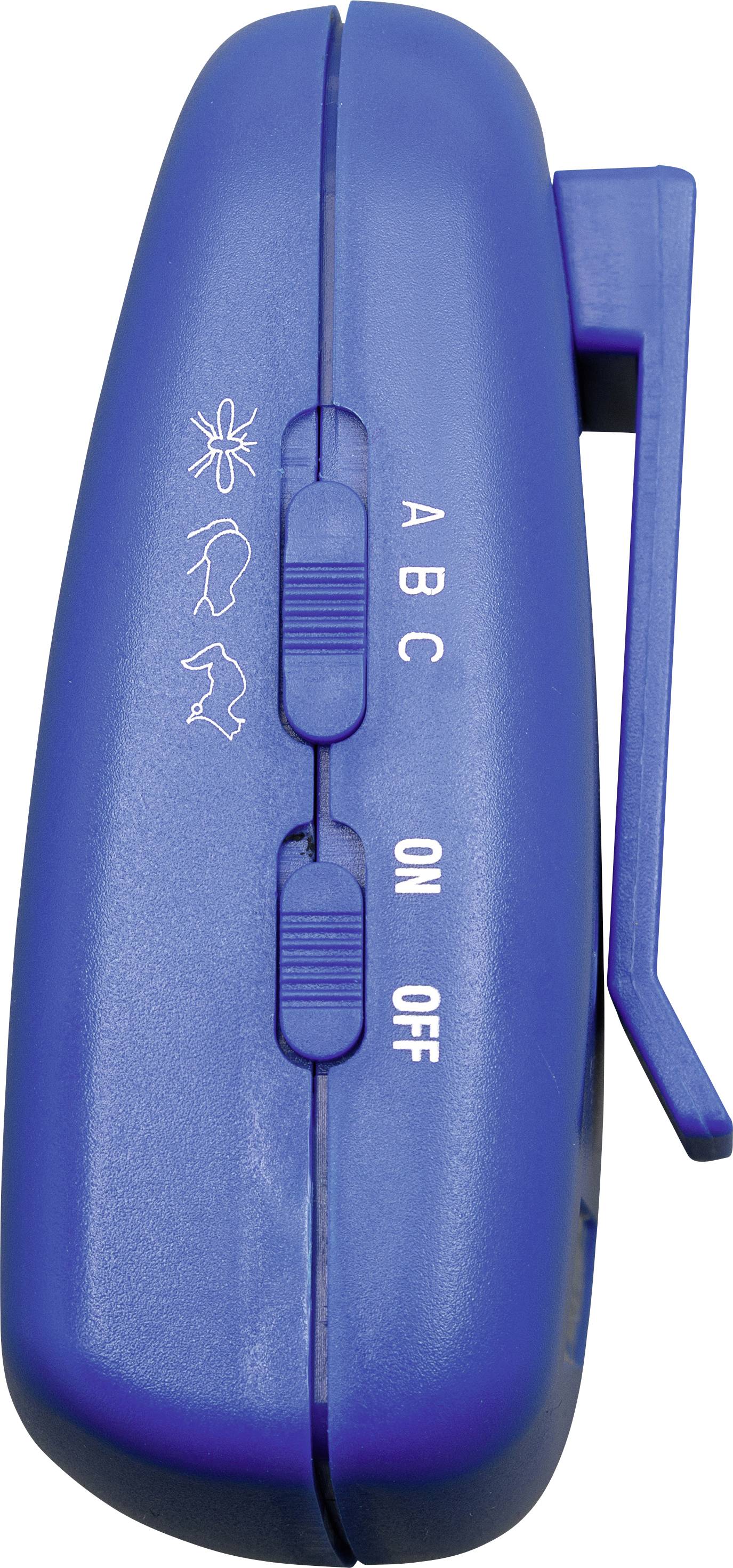 Blue Ultrasonic Pest Repeller with Switch for Different Animal Modes: Ant, Mouse, Rat. Settings: A, B, C, On, Off.