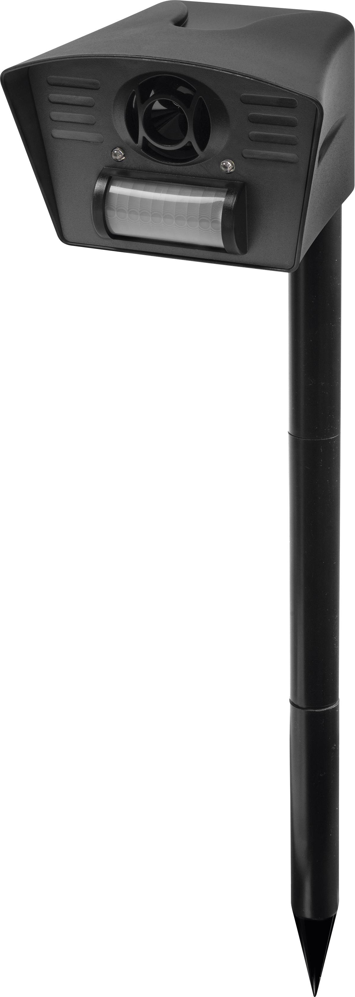 Ultrasonic Animal Deterrent with Ground Stake, Black Casing, Used to Deter Animals in Gardens or Yards