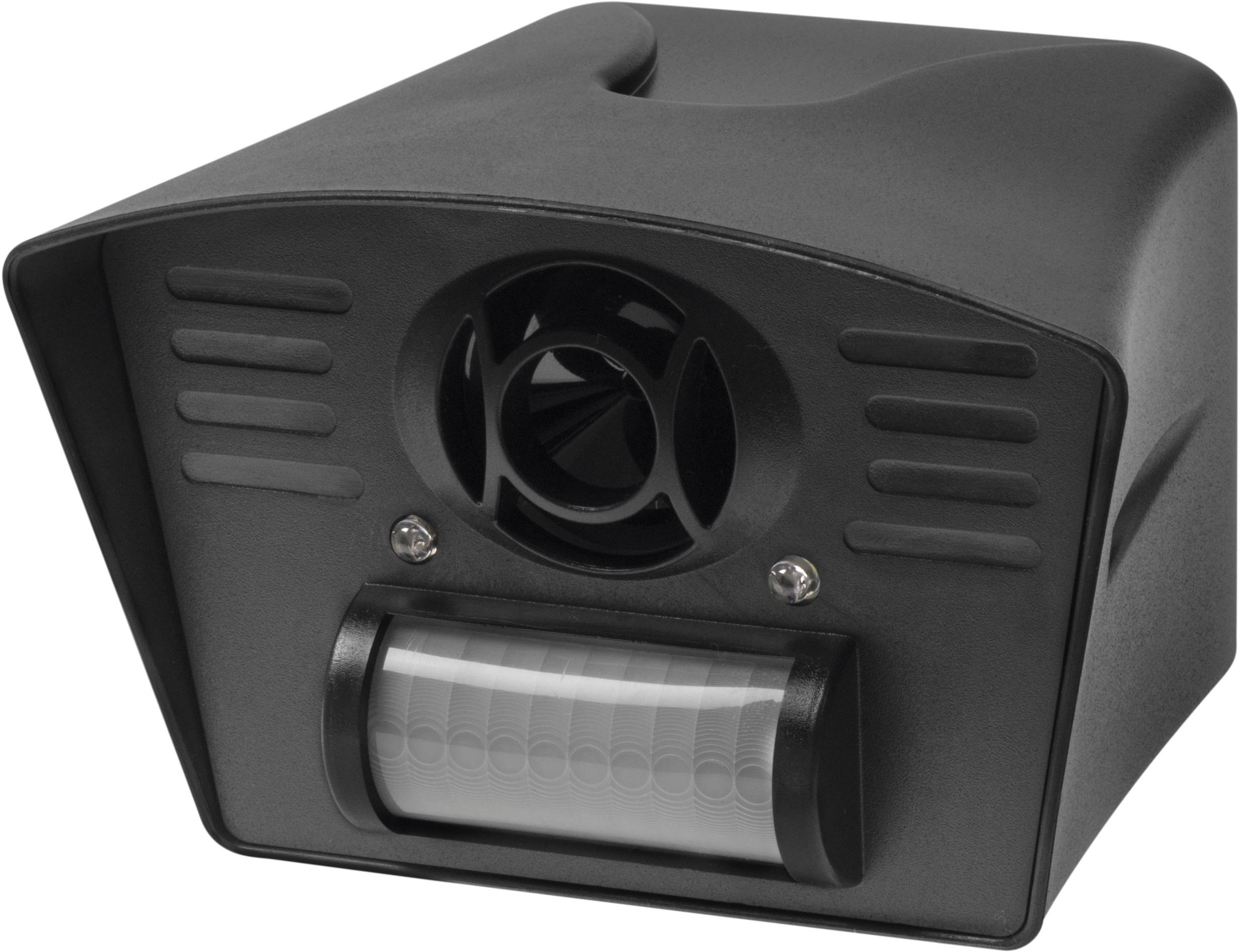 A black insect repellent device with a fan and sensor, used to deter pests outdoors.