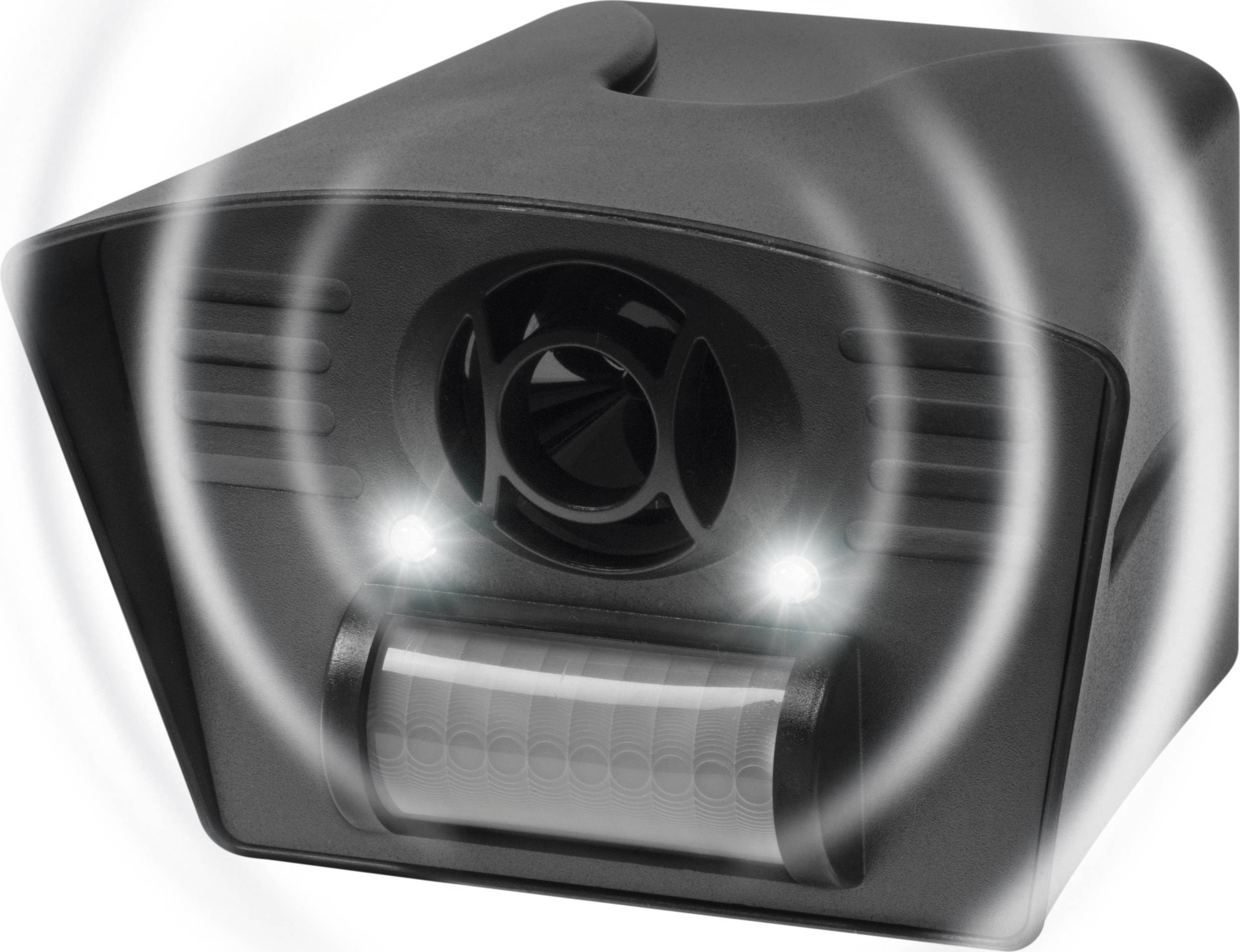 An electronic device with two LED lights and a speaker in the centre, emits sound waves.