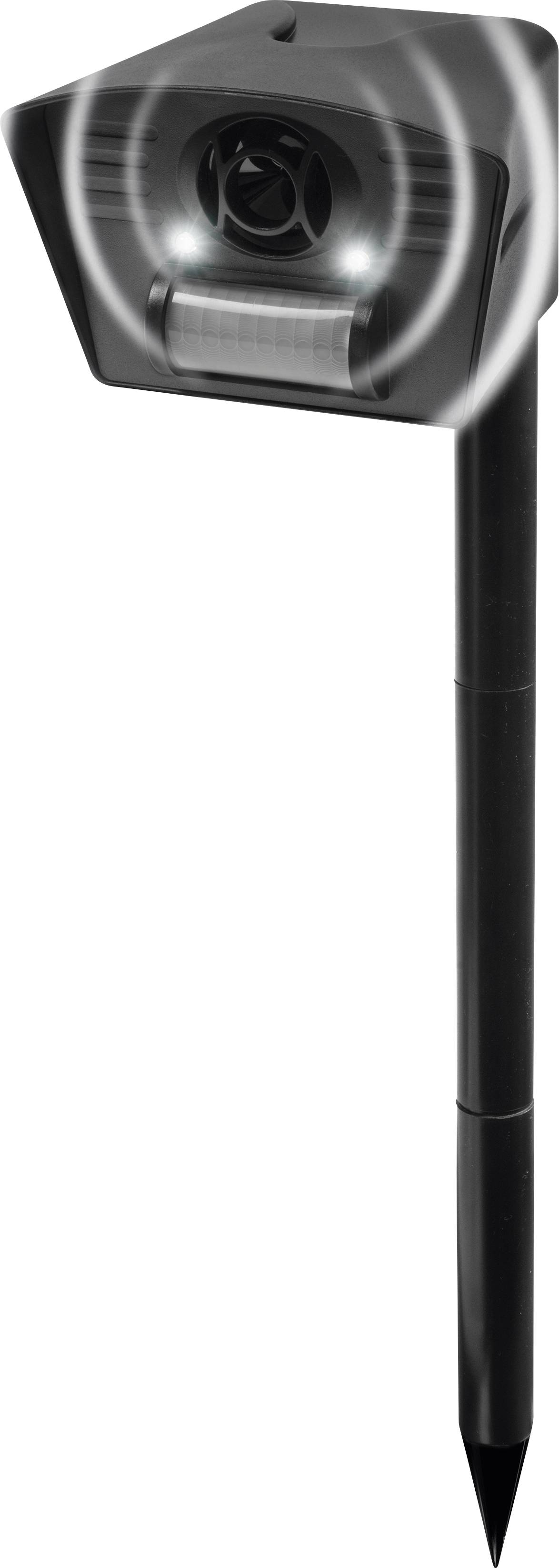 Black, modern solar garden light on a stake with a rectangular lamp head. Two bright LEDs illuminate the area.