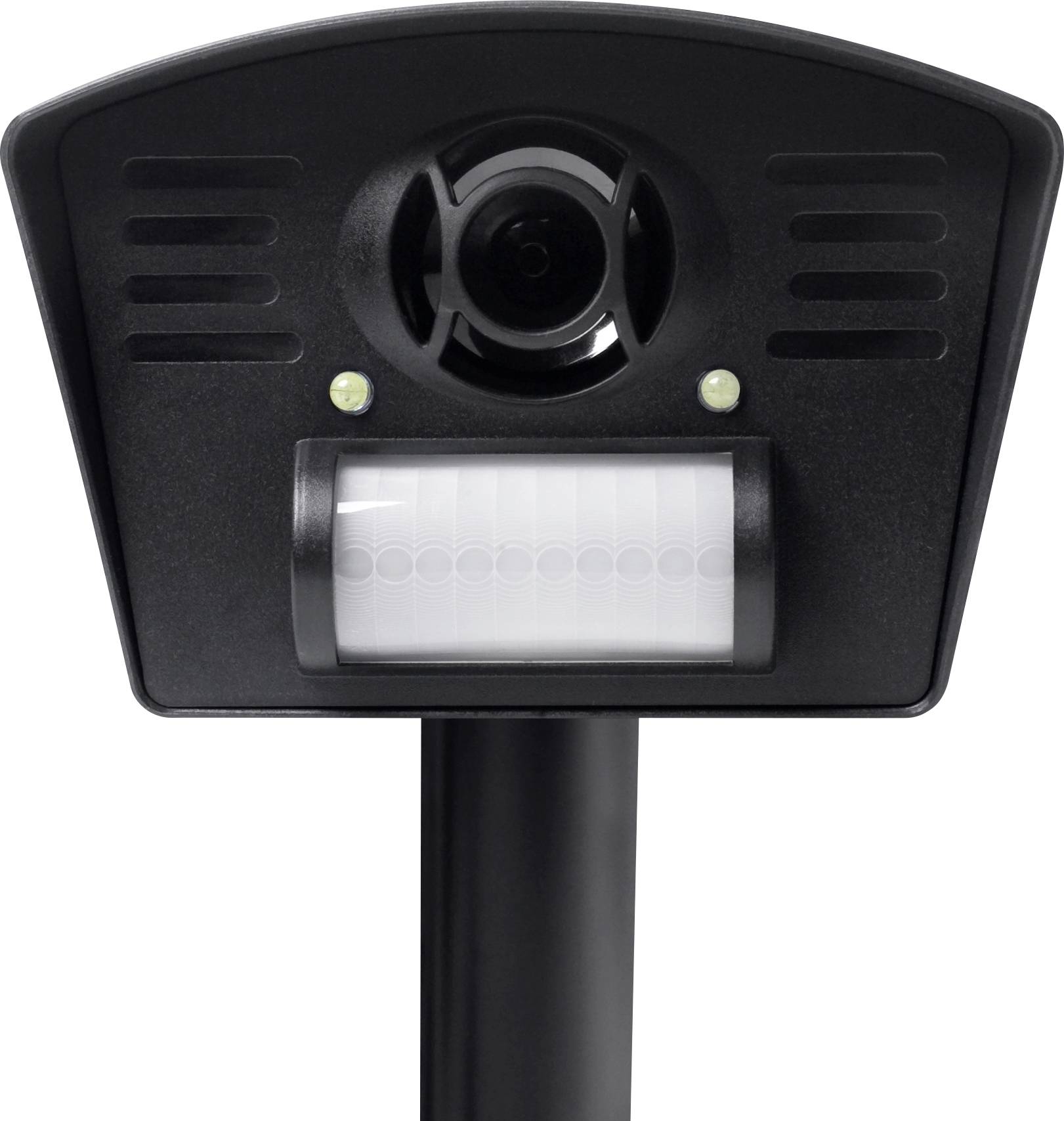An ultrasonic animal deterrent with a black casing and integrated motion sensor for deterring animals outdoors.