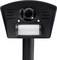 An ultrasonic animal deterrent with a black casing and integrated motion sensor for deterring animals outdoors.