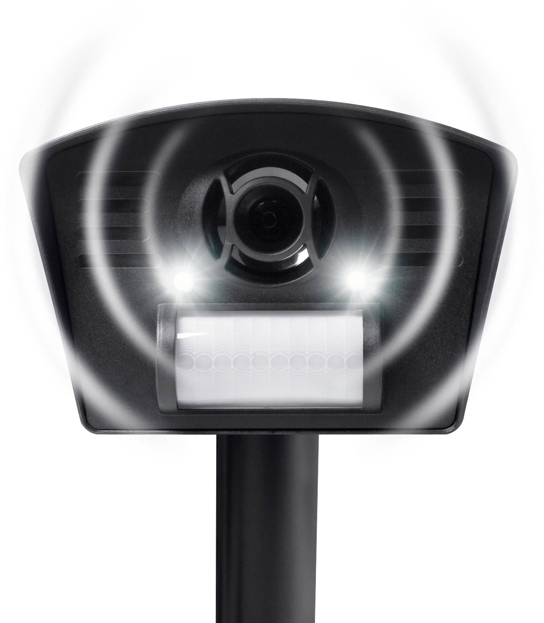 A black ultrasonic animal deterrent device with a central speaker and sensor, emits light.