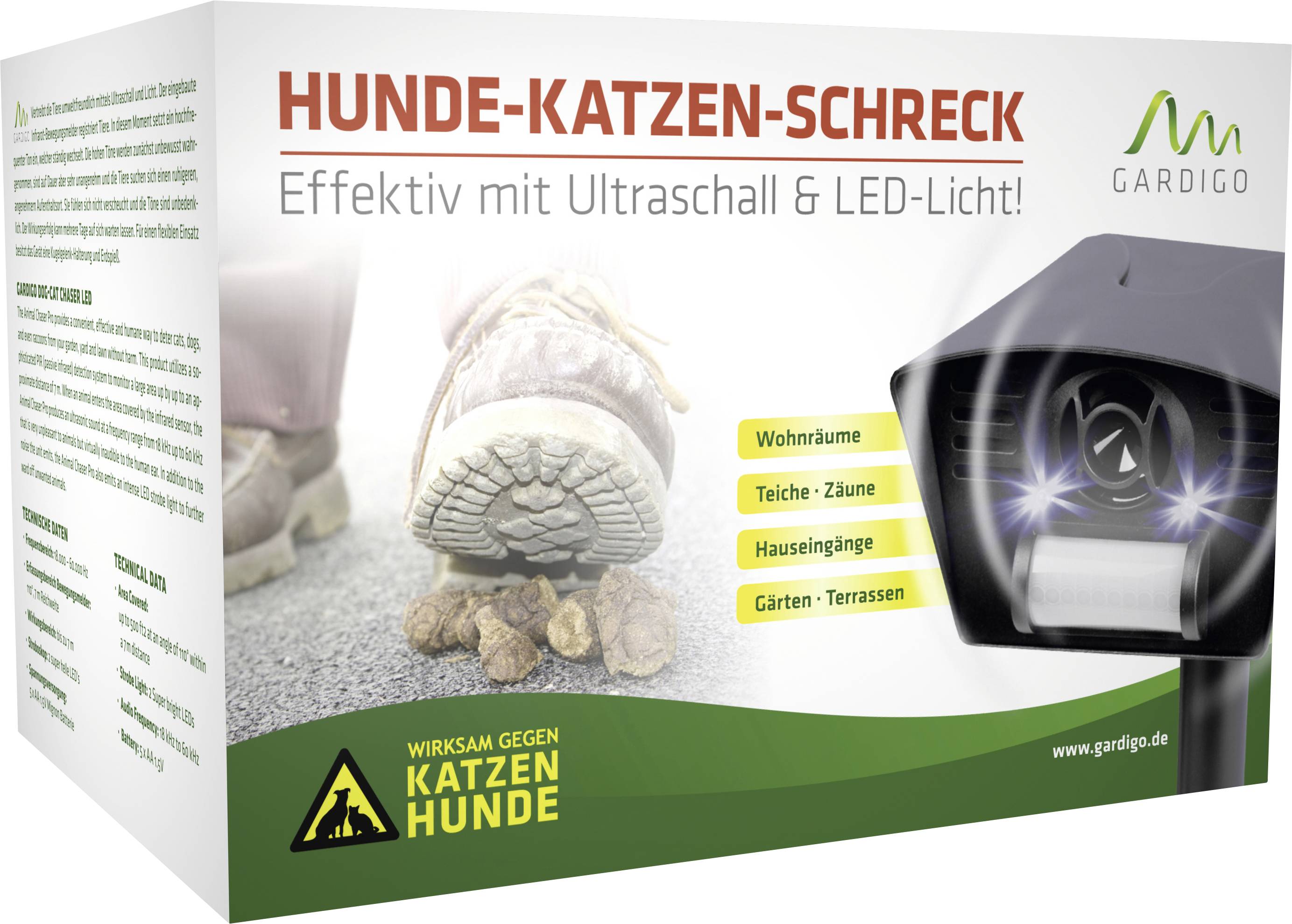'Device for repelling dogs and cats using ultrasound and LED light, suitable for indoor spaces, ponds, fences, house walls, gardens, terraces.'