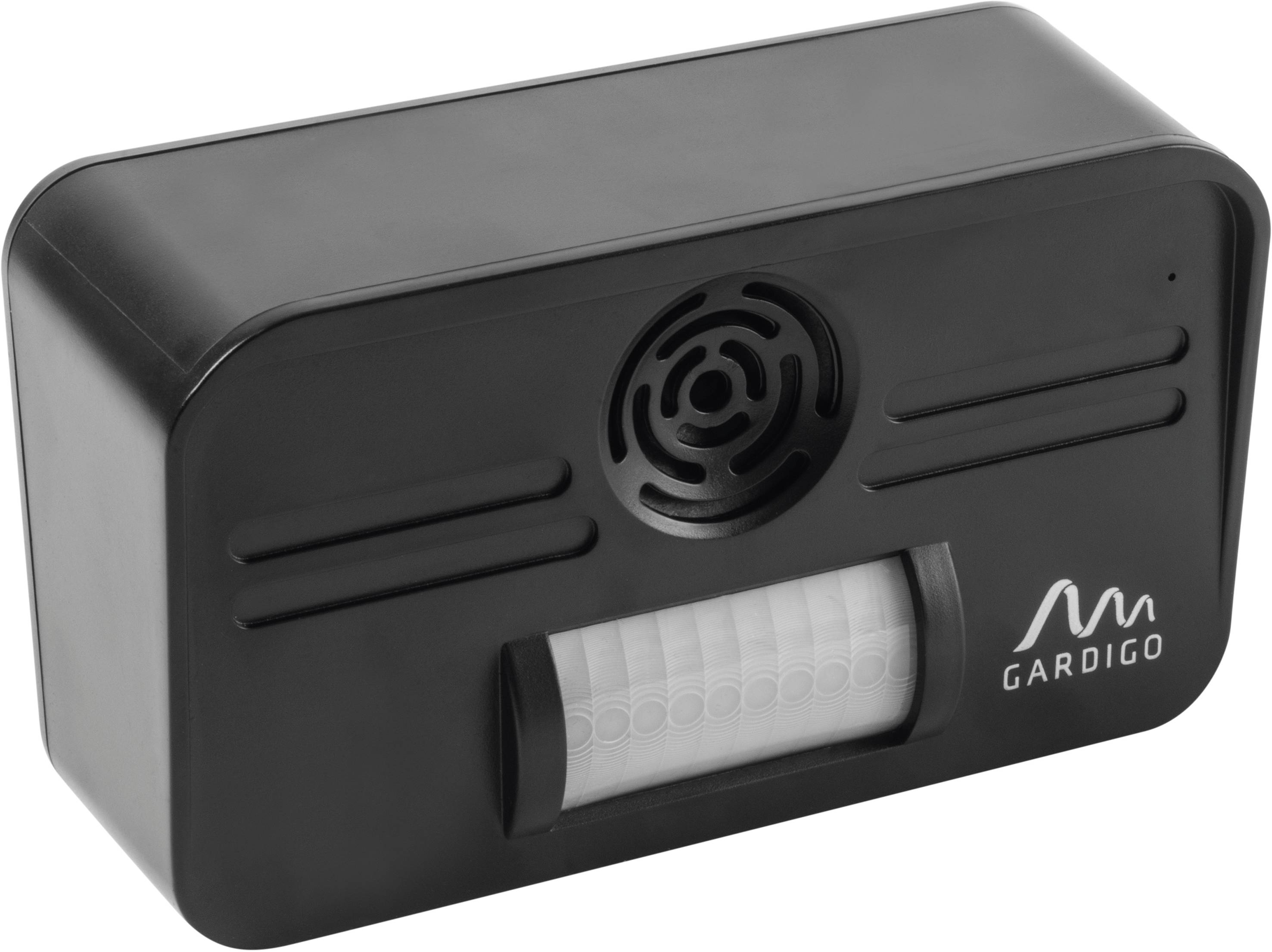 Black, rectangular ultrasonic animal deterrent with speaker and sensor in the centre. 'Gardigo' brand in the bottom right corner.
