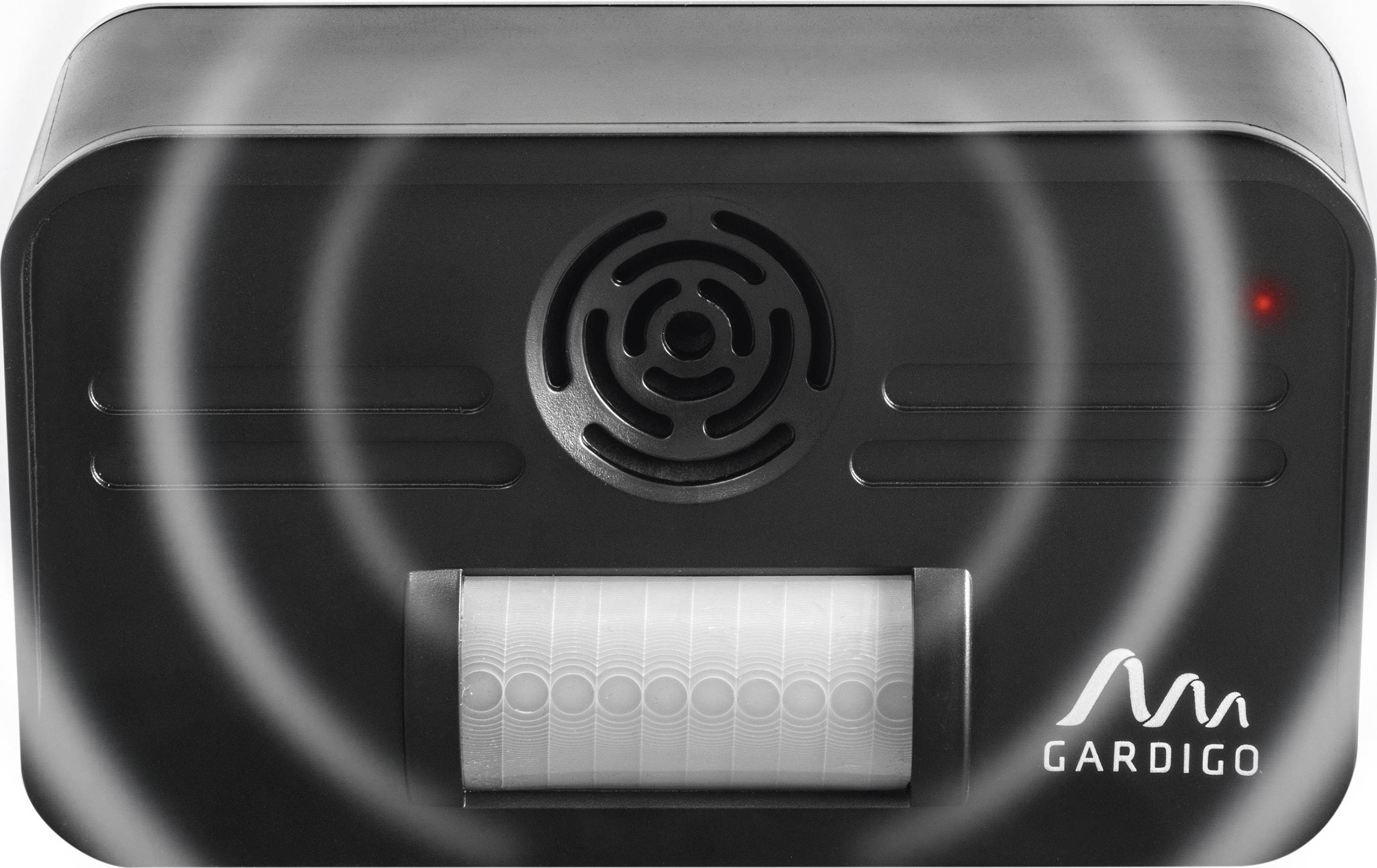 A black electronic marten deterrent device with a speaker, red LED light and motion sensor that emits sound waves.