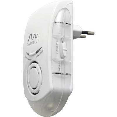 A white electronic device with a plug socket, marked with 'Gardigo'. It has buttons for 'Ultrasonic', 'Fixed' and 'Variable' settings.