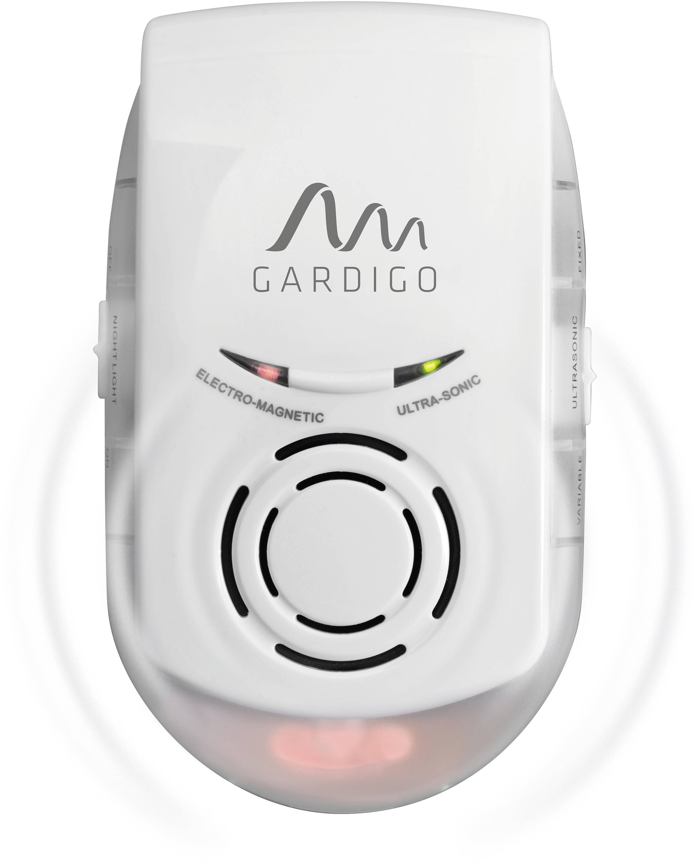 An electronic pest repellent device mounted on the wall, with 'ELECTRO-MAGNETIC' and 'ULTRA-SONIC' functions, glows green and red.