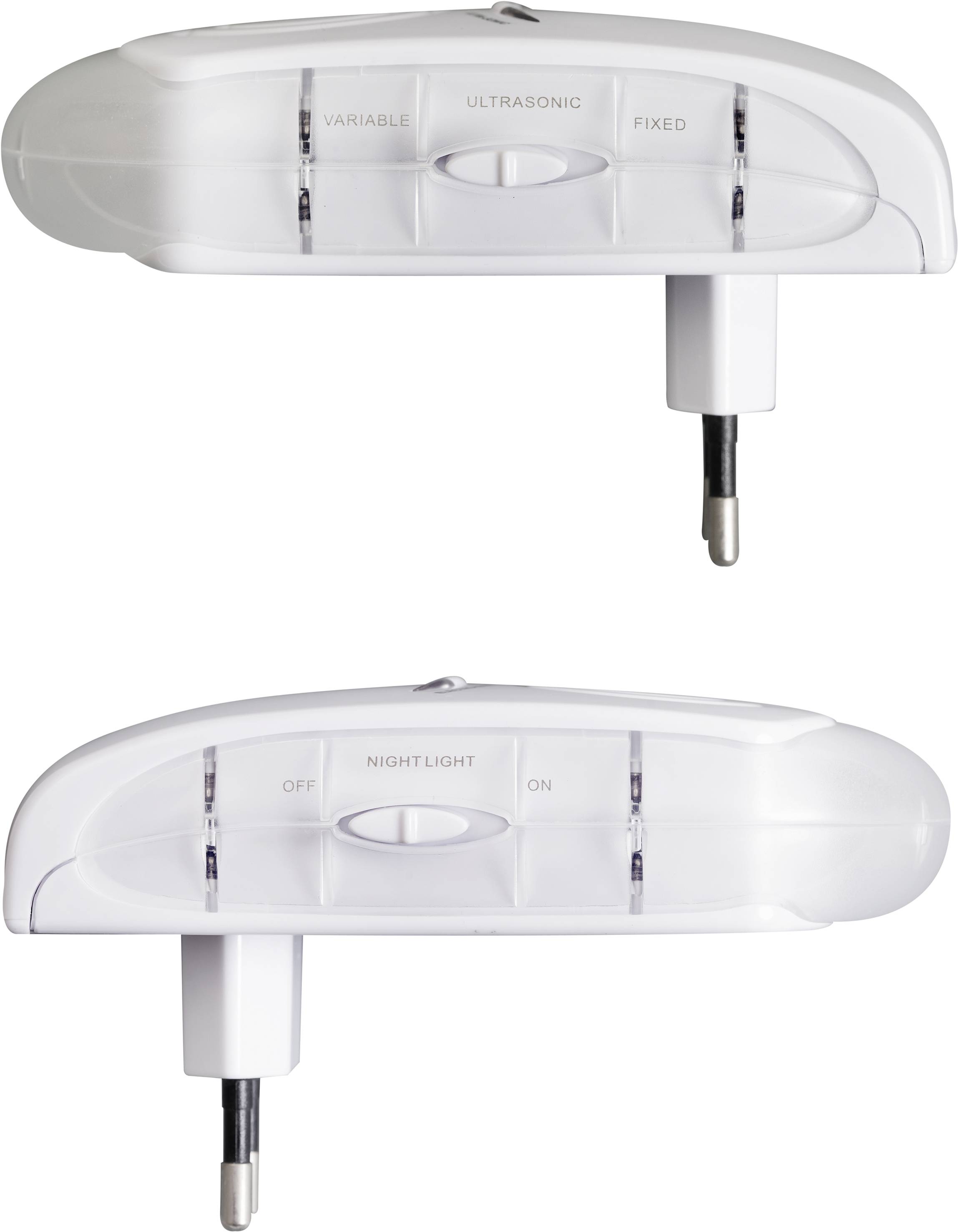 Two white ultrasonic plug-in devices, one with switches 'Variable', 'Ultrasonic' and 'Fixed', the other with 'Night Light', 'Off' and 'On'.