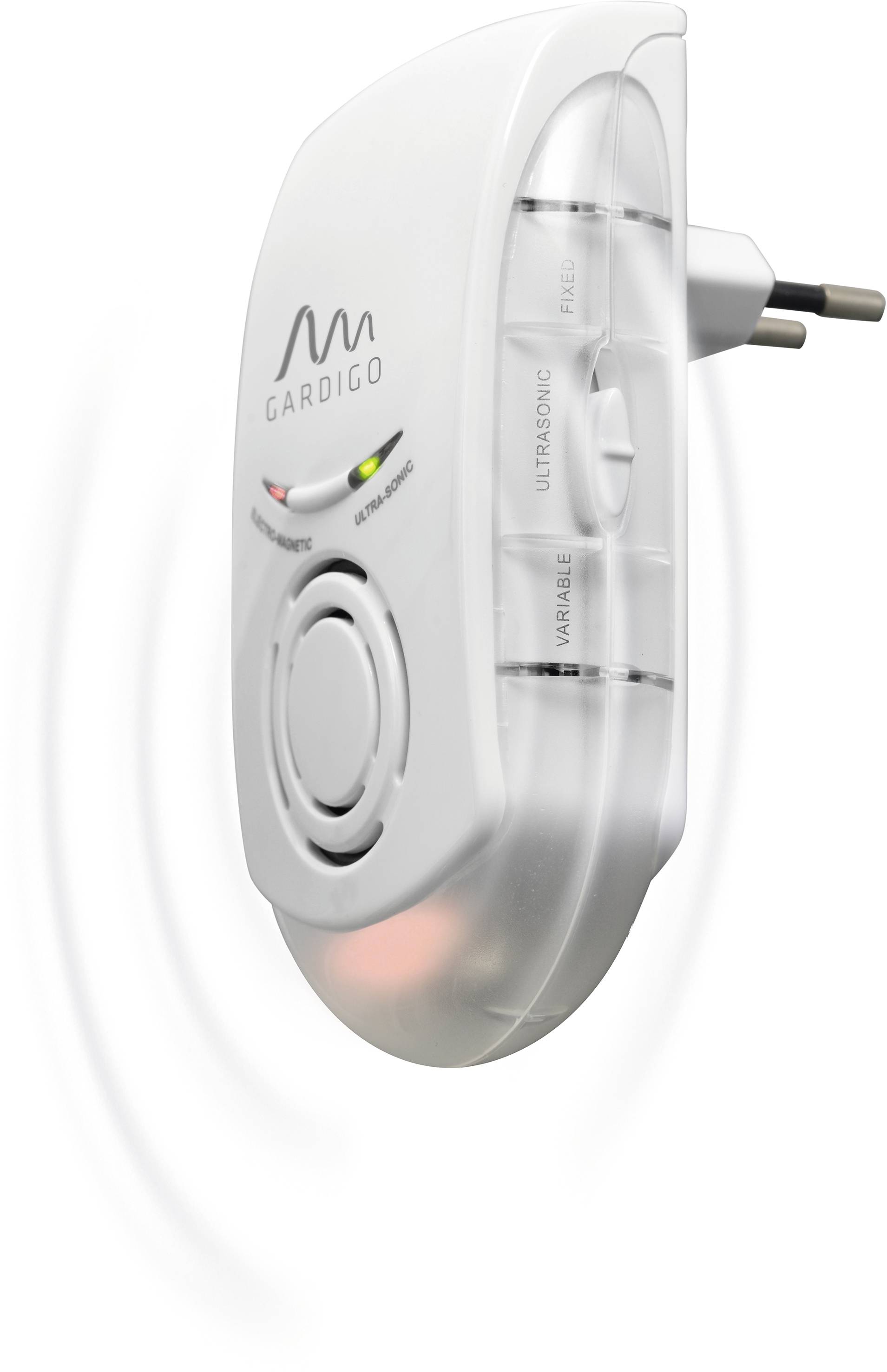 A white electronic pest repeller with ultrasonic function, which plugs into a plug socket. Features LED indicators.