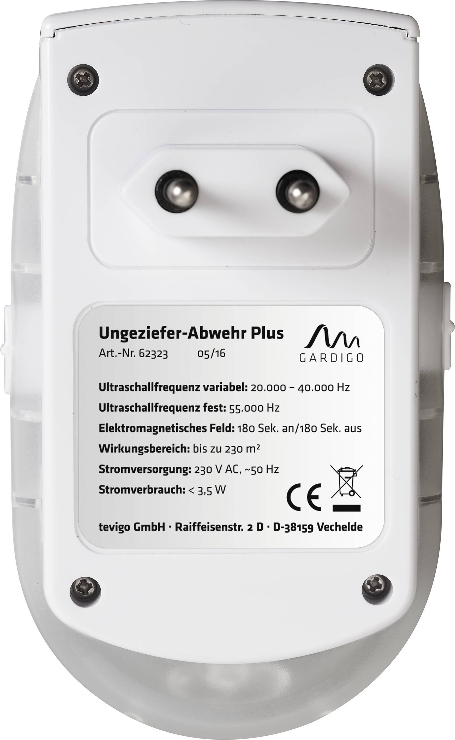 Electronic device for pest control with variable ultrasonic frequency and electromagnetic pulses; effective range up to 230 square metres.