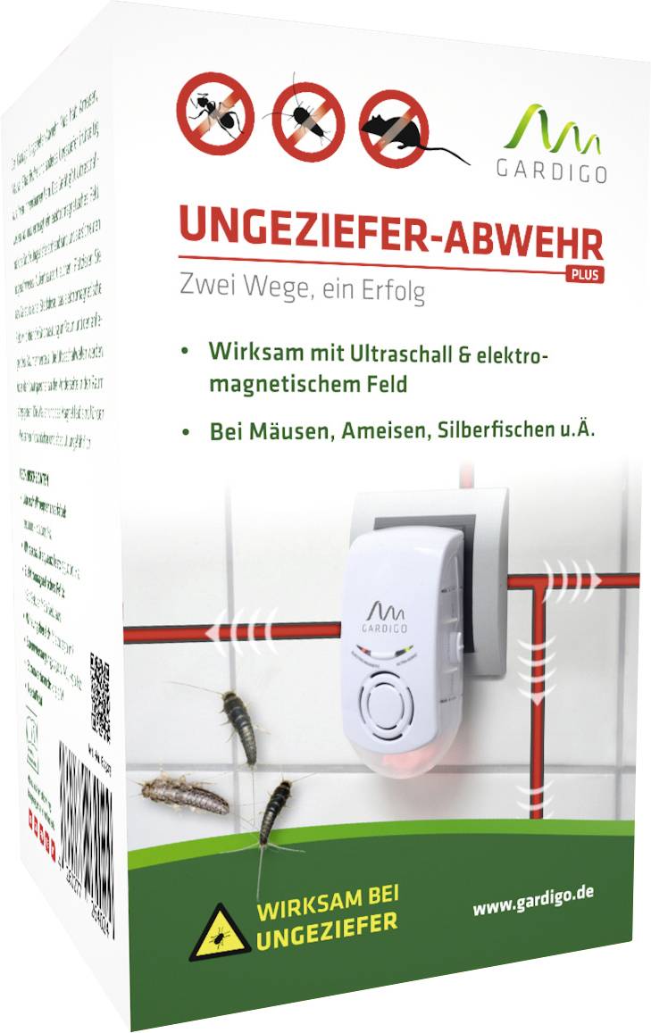 'Packaging for a Gardigo Pest Repellent with Ultrasound and Electromagnetic Field. For deterring mice, ants, and silverfish.'