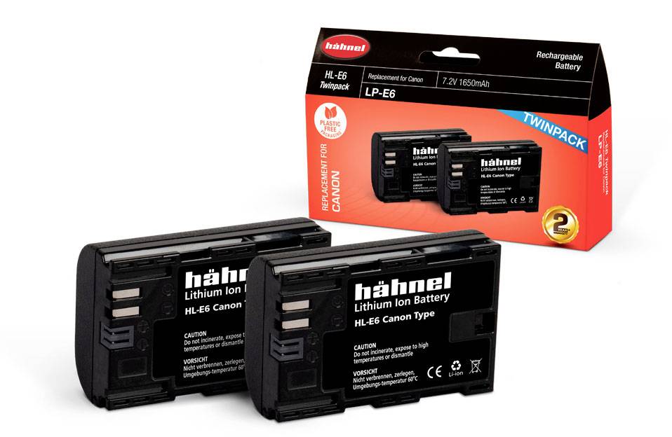 'Two Hähnel lithium-ion batteries, model HL-E6, as a replacement for Canon, with packaging, capacity: 7.2V 1650mAh.'