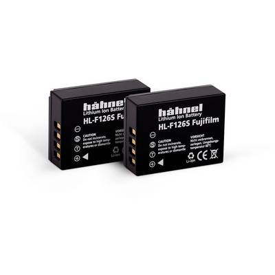 Two black Hähnel lithium-ion batteries for Fujifilm cameras, model HL-F126S, with warning labels.