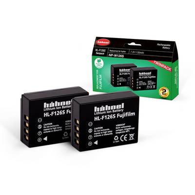 Two Hähnel HL-F126S lithium-ion batteries with packaging. Suitable for Fujifilm cameras. Packaging shows 'TWINPACK'.