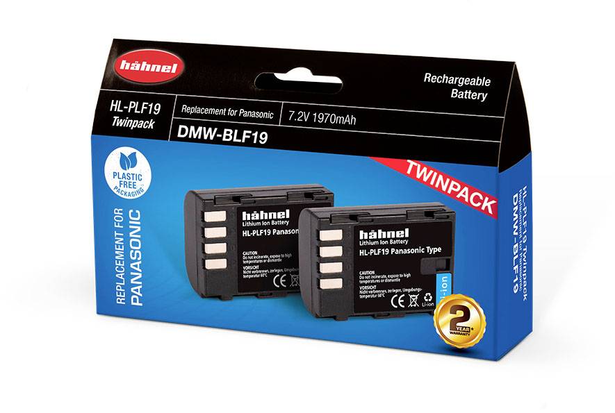 Box with two rechargeable lithium-ion batteries, model 'HL-PLF19', compatible with Panasonic, capacity 1970mAh.