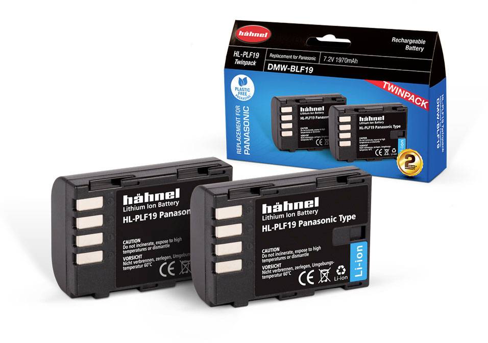 Two rechargeable Lithium-ion batteries of the DMW-BLF19 type by Hähnel for Panasonic cameras, packaged in a double pack.