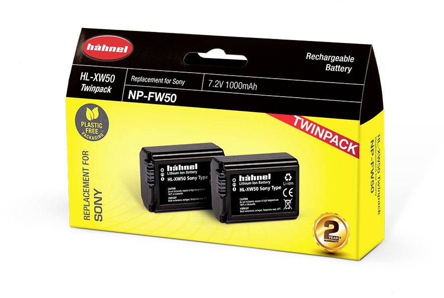 'Two Hähnel HL-XW50 batteries for Sony, 7.2V, 1000mAh, replacement for NP-FW50, in a yellow package, 2 years warranty.'