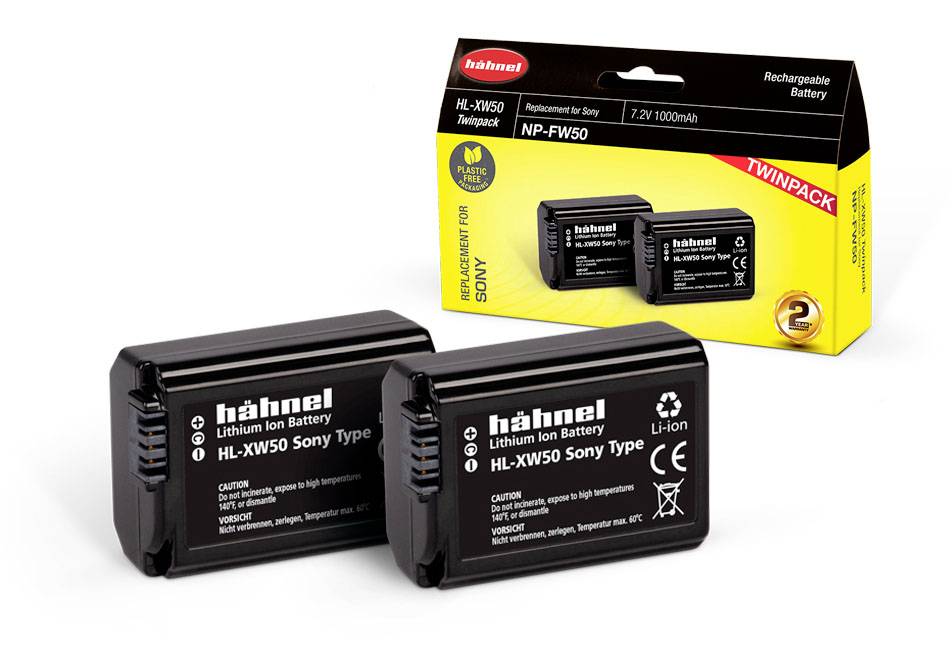 Two black Hähnel lithium-ion batteries for Sony, model HL-XW50, with packaging in the background. Packaging emphasises recyclability.