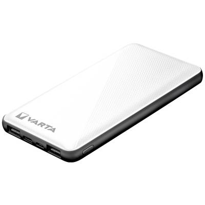 White Varta power bank with a rectangular design and two USB ports on the side.