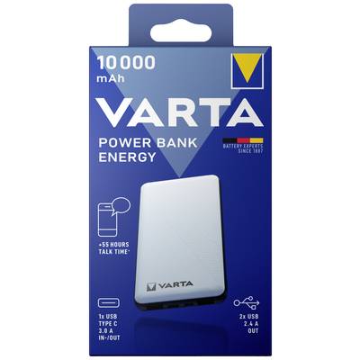 'VARTA Power Bank Energy', 10,000 mAh, 55 hours talk time, 1x USB Type C 3.0A, 2x USB 2.4A outputs, in blue packaging.