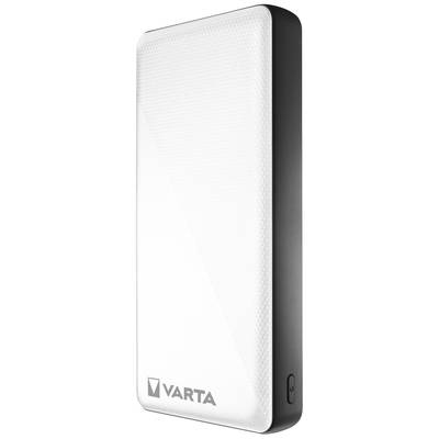 A white VARTA power bank with rounded corners and a logo positioned bottom left. It features a side button.