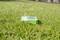 A green electronic device lies on a lawn, illuminated by sunlight, likely part of an automatic lawn sprinkler system.