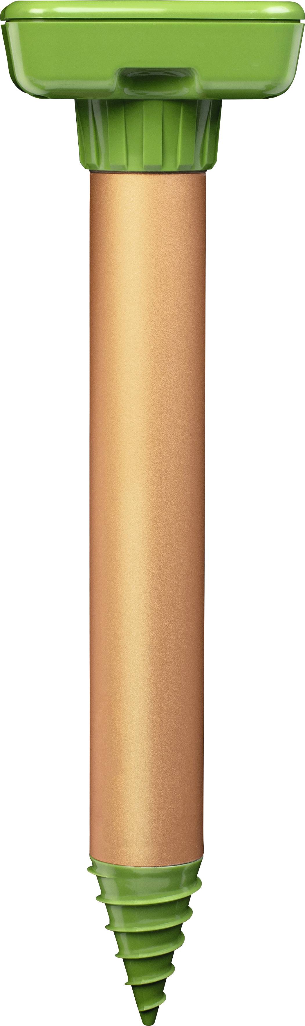 A copper-coloured cylindrical stake with a green head and tip, possibly a solar animal deterrent for the garden.