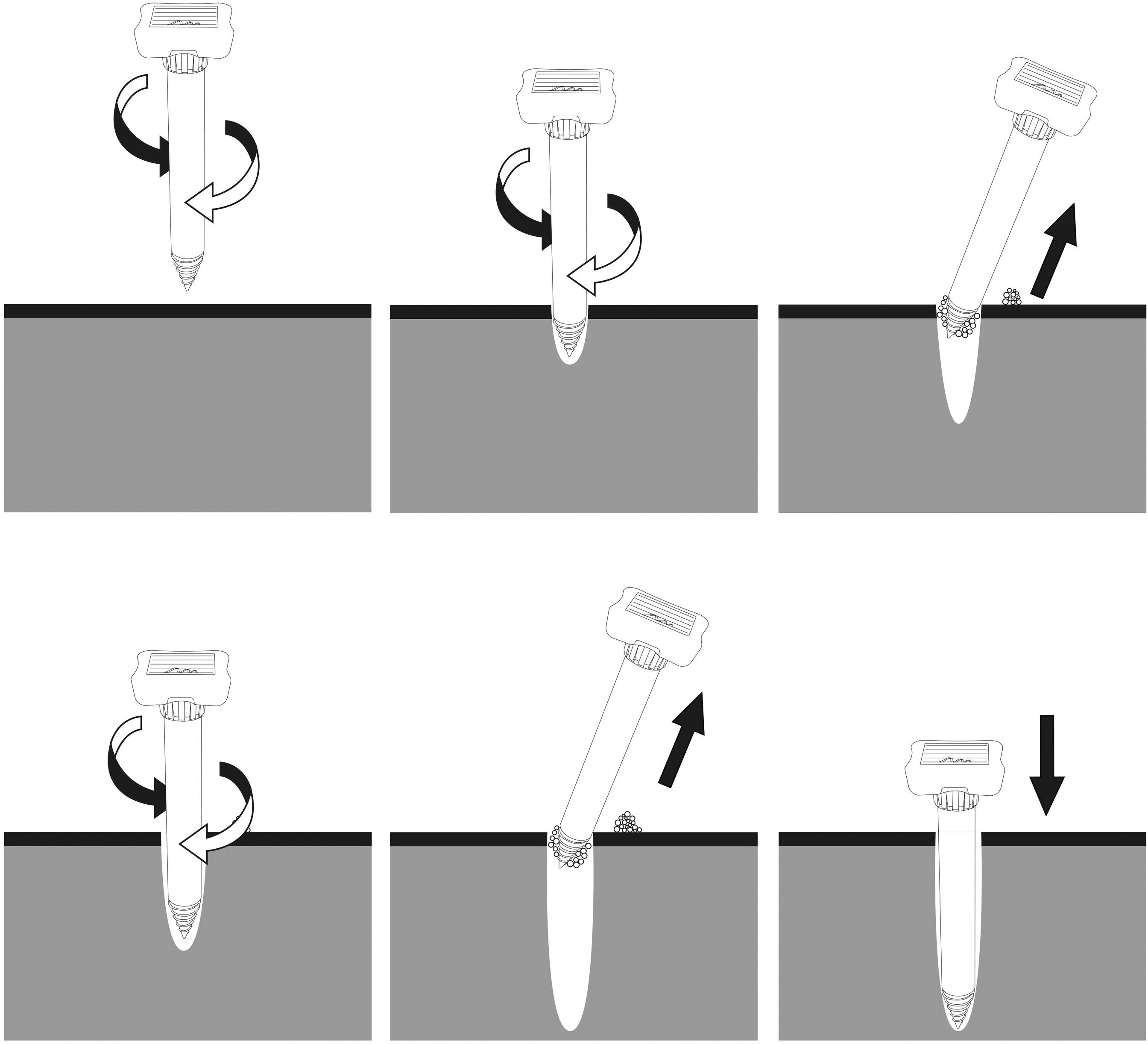 'Illustration of a screwdriver inserting a screw in six steps: rotation, lowering, tightening, loosening, removal.'