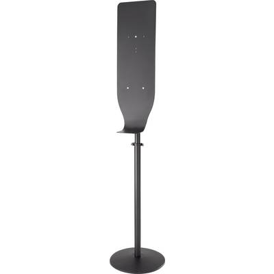 A black, metallic speaker stand with a round base, suitable for supporting a flat speaker or electroacoustic device.