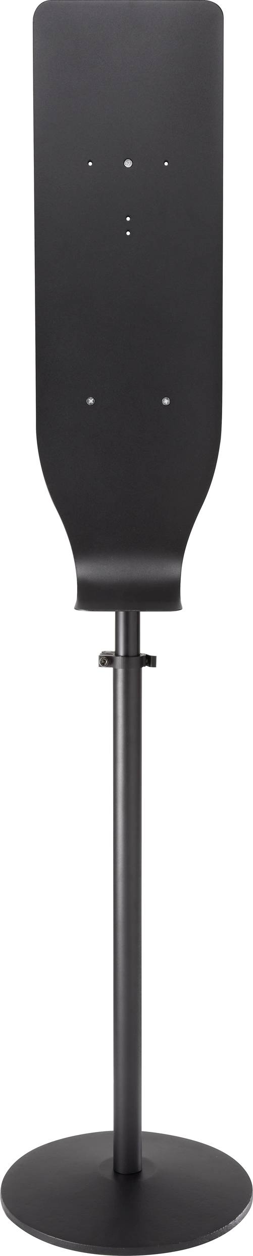 A black, freestanding metal stand with a wide, rectangular head piece and circular base, suitable for mounting equipment.