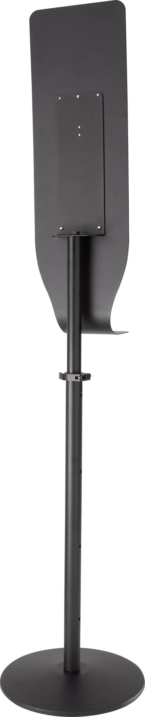 Black, height-adjustable metal stand with rectangular bracket on top; suitable for public information displays or devices.