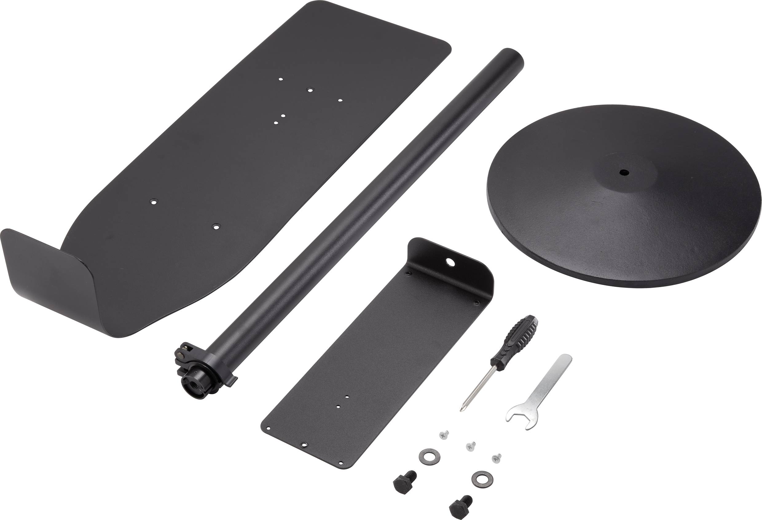 Mounting kit for a speaker stand, comprising a base plate, a tube, mounting screws, a screwdriver, and a spanner.