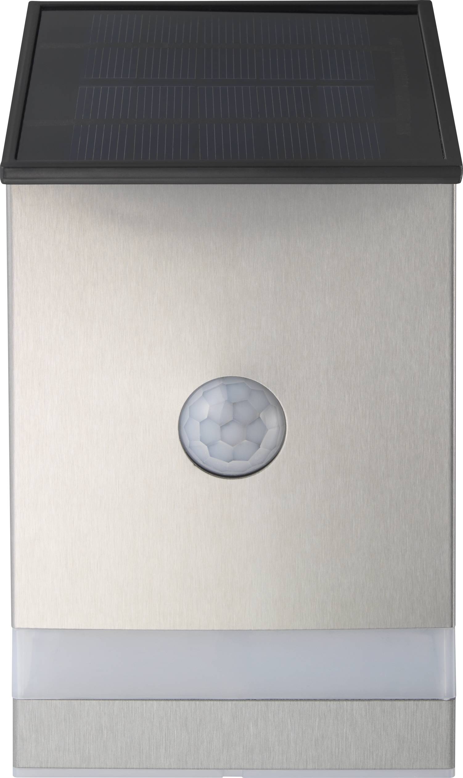 Wall light with solar panel and motion sensor in a modern, minimalist design made of silver metal.