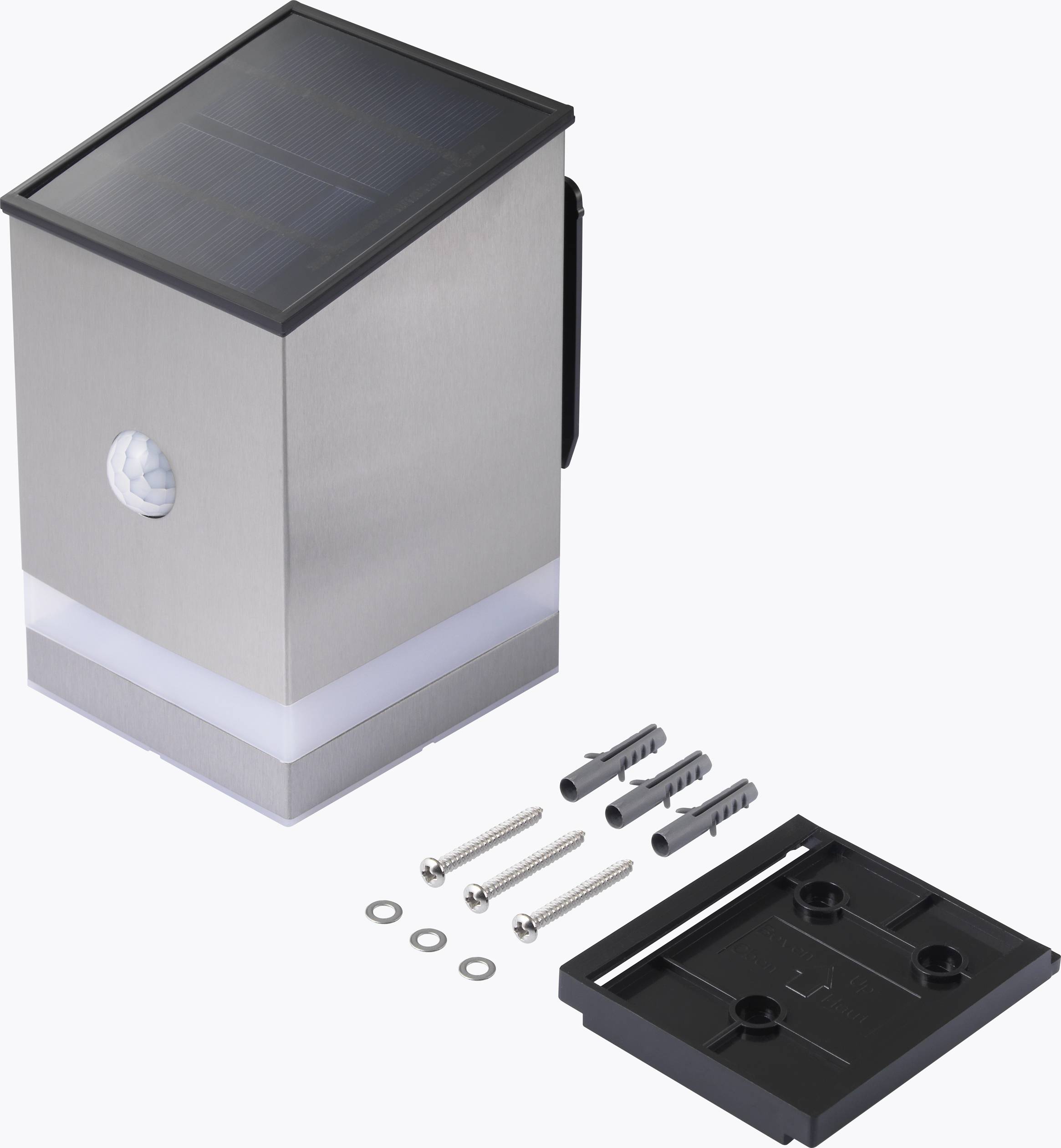 Solar-powered outdoor light with motion sensor, including mounting hardware. Modern, angular design, suitable for wall mounting.