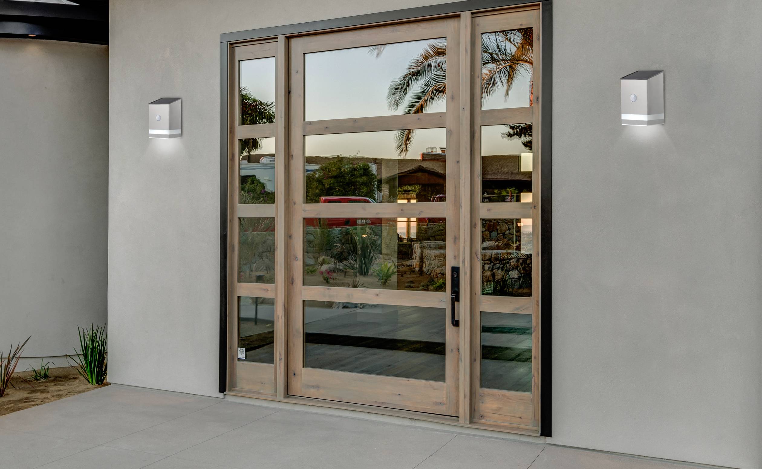 Glass door with wooden frame on modern house, reflecting palm trees.