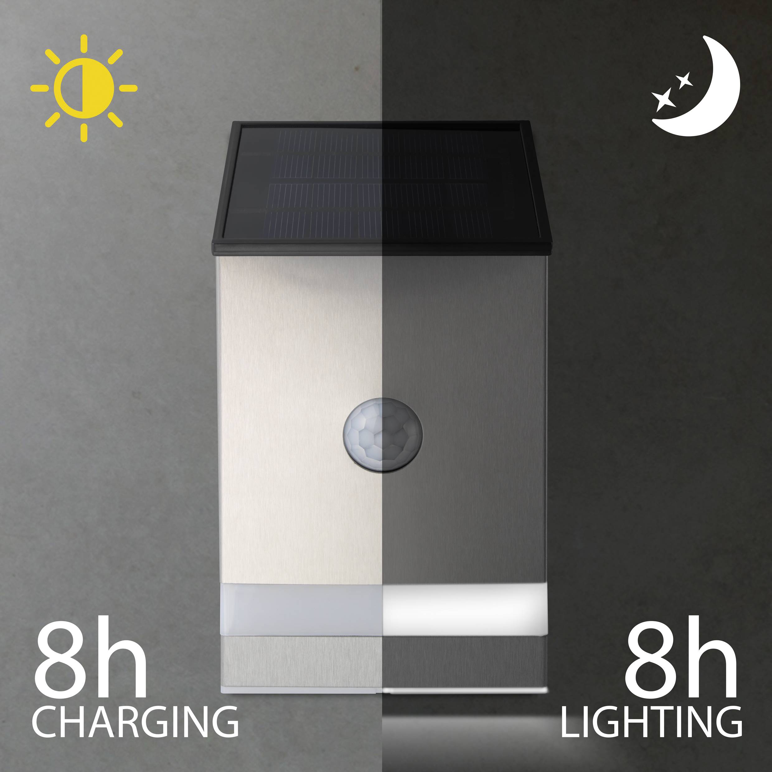 'A solar charger with 8 hours of charging time in sunlight and 8 hours of lighting duration at night.'