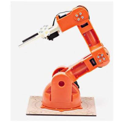 An orange robotic arm with multiple joints, mounted on a flat base, suitable for precise mechanical tasks.