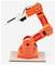 An orange robotic arm with multiple joints, mounted on a flat base, suitable for precise mechanical tasks.