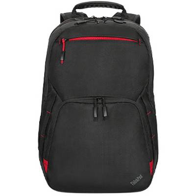 Black laptop backpack with red details and multiple compartments. Perfect for transporting electronic devices and accessories.