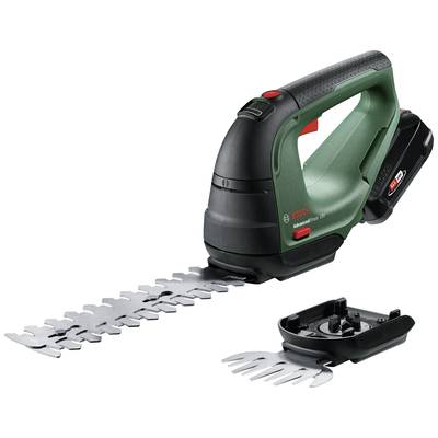 Battery-powered hedge trimmer and lawn trimmer in green and black design by Bosch with removable blade attachments.