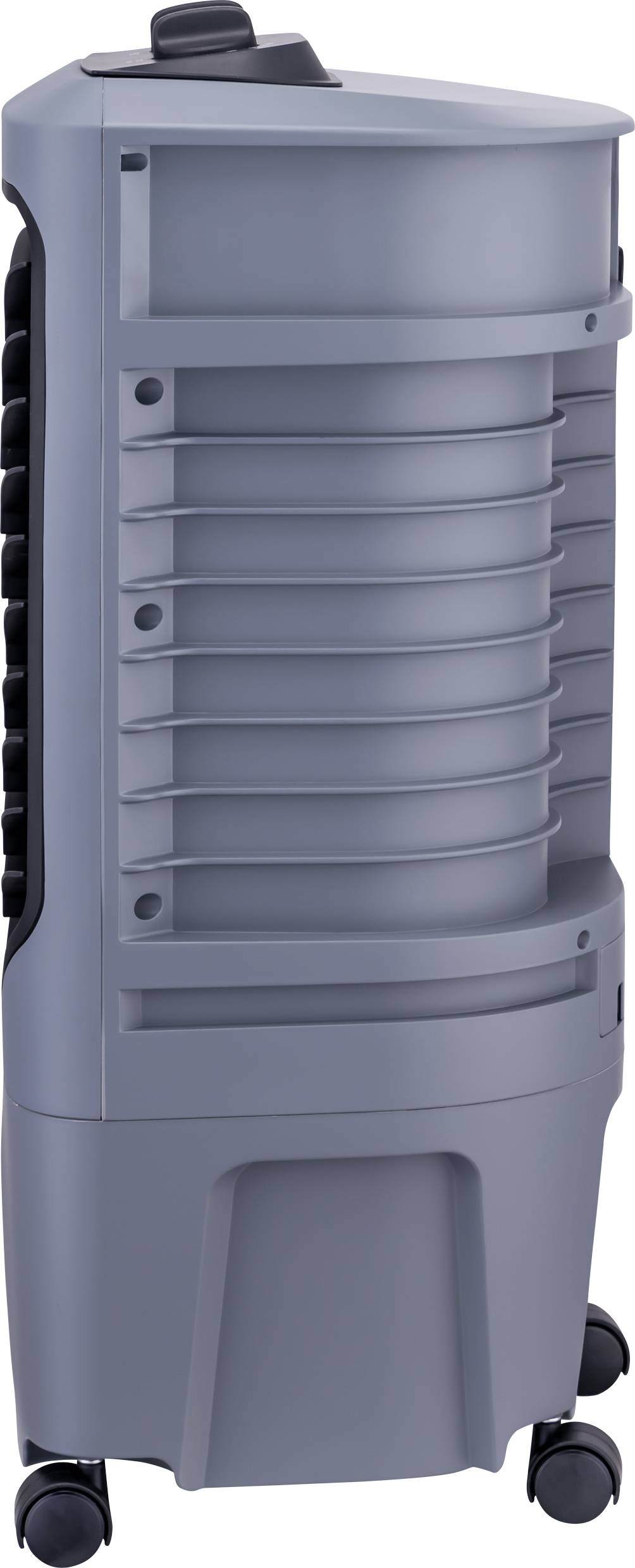 Grey mobile air cooler on wheels with side ventilation slots and a top control panel.