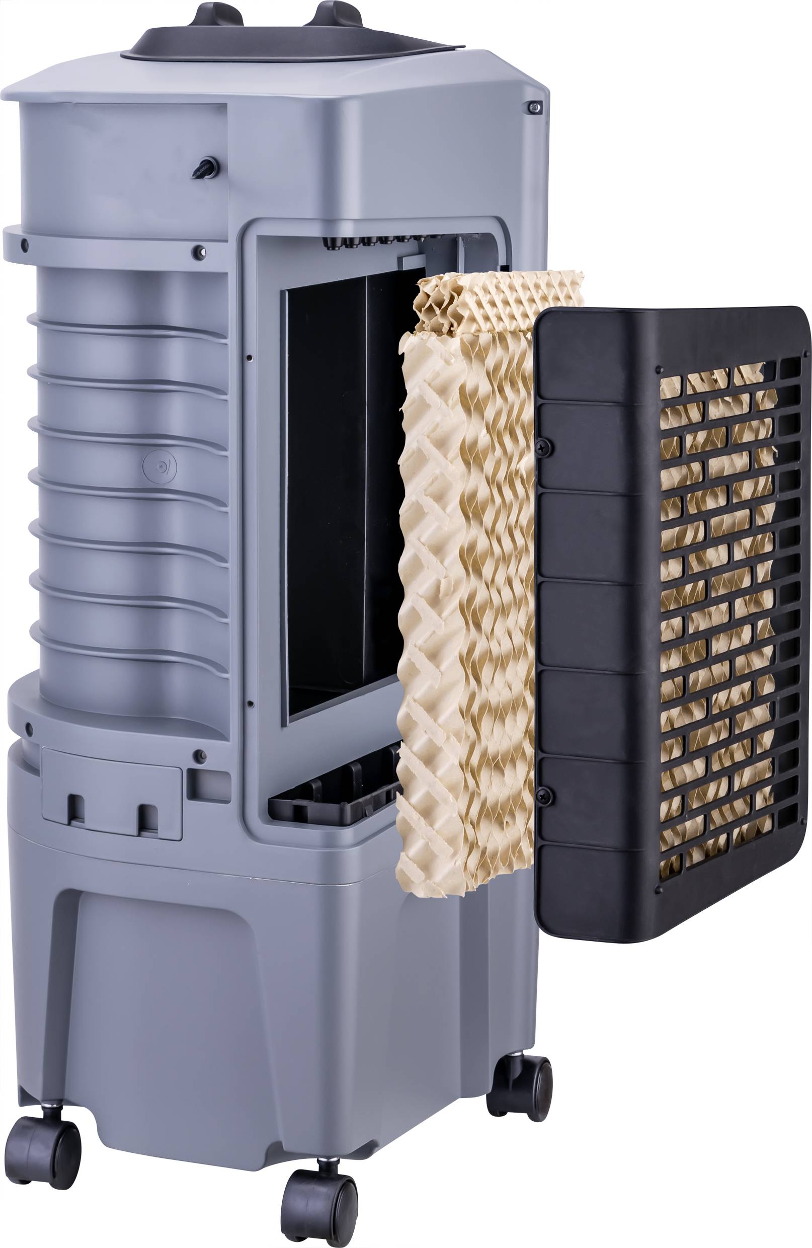 Air cooler with an open side panel revealing the structured evaporation mat, mounted on wheels for easy mobility.