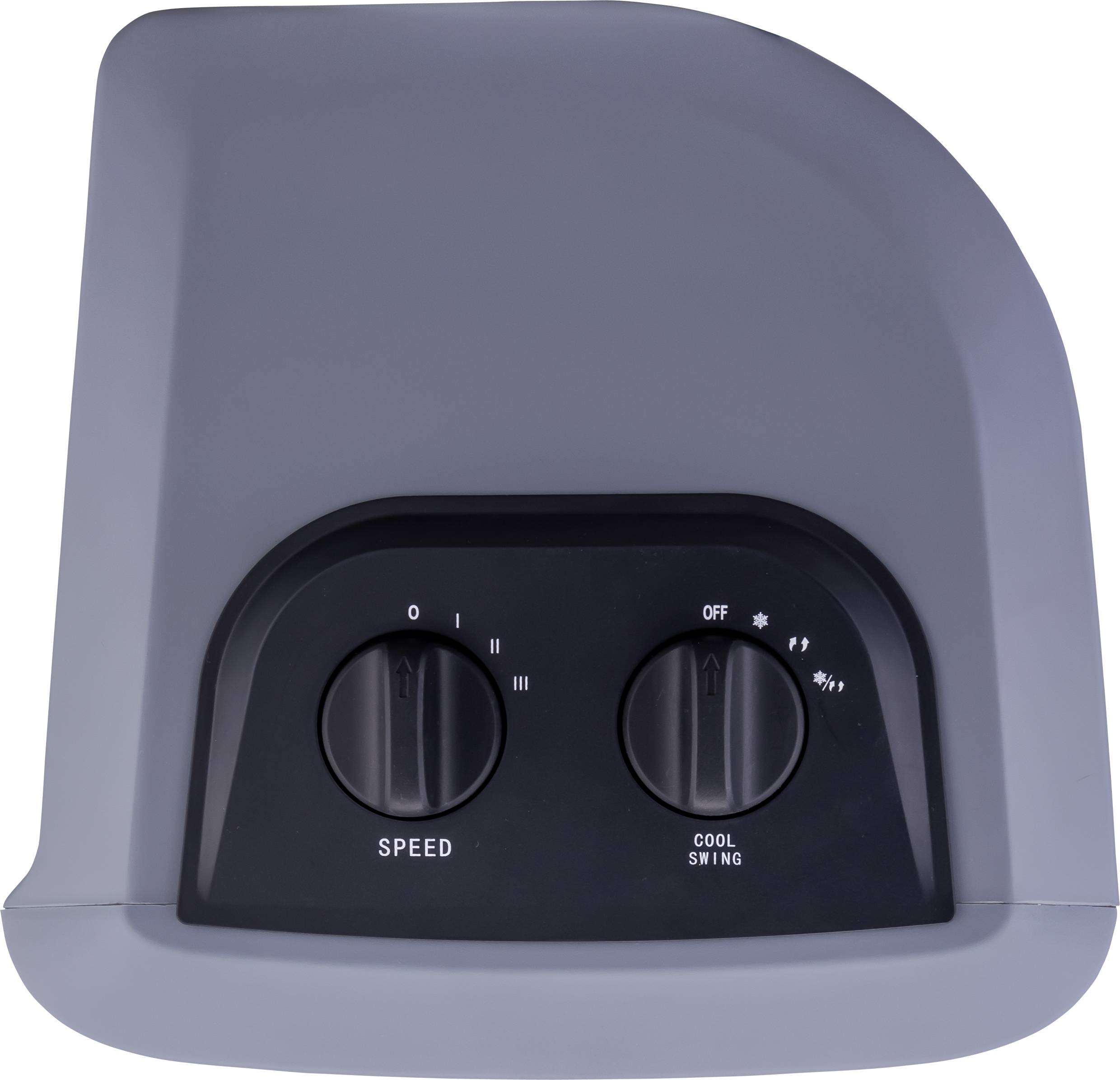 Grey plastic surface with two black control buttons; left for speed ('SPEED'), right for cooling and oscillation mode ('COOL SWING').