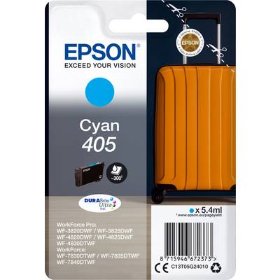 Packaging for Epson Ink, Cyan 405, featuring an image of an orange suitcase. Compatible with Epson WorkForce printers.