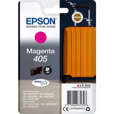 'Epson Magenta 405' ink cartridge packaging featuring an orange rolling suitcase as its design. Compatible with Epson WorkForce printer models.