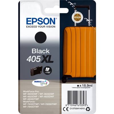 'Epson Ink 405XL, Black, for Workforce Printers. Contains 18.9 ml, sufficient for approximately 1100 pages. Suitable for multiple WF models.'