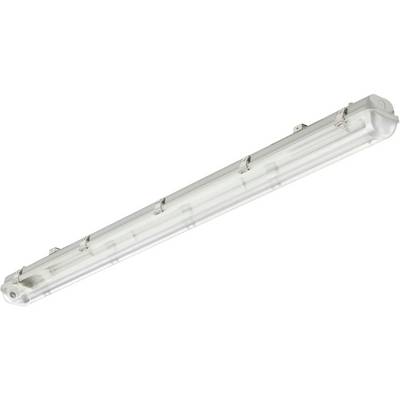 Long, rectangular fluorescent light with a white housing and transparent cover. Suitable for ceiling mounting in industrial environments.